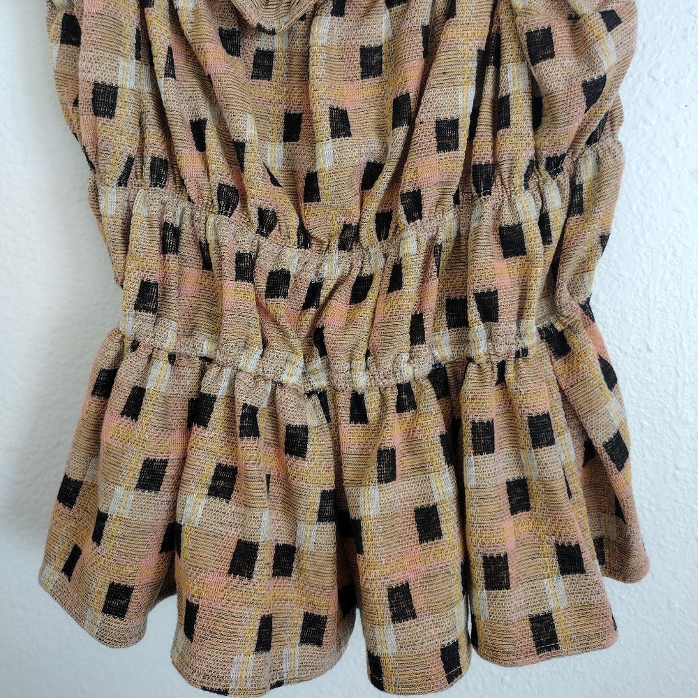 Eva Franco Ruffled Checkered Square Patterned Tan Multicolor Top Size Medium - Picture 9 of 13